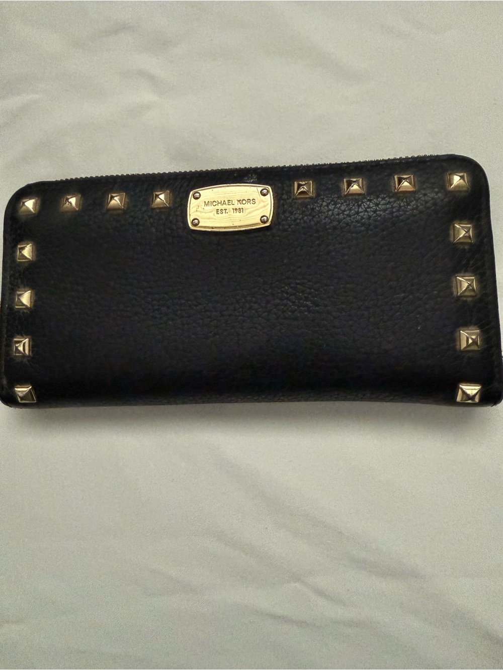 Michael Kors Black Leather Zip-Around Wallet with Gold Studs